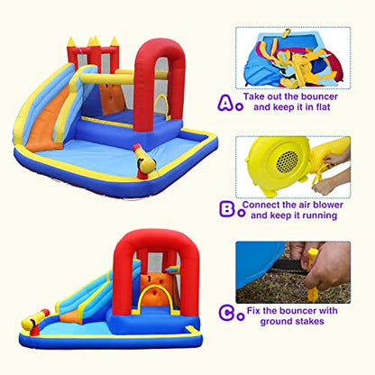 JOYLDIAS Inflatable Water Slide Bounce House,Slide Bouncer Castle Playhouse w/Splash Pool,Jump Area, Climbing Wall,Basketball Hoop,450W Air Blower for Kids Backyard Indoor Outdoor Use,Free Water Gun - color: 5 in 1