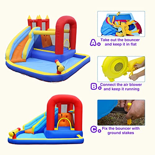 JOYLDIAS Inflatable Water Slide Bounce House,Slide Bouncer Castle Playhouse w/Splash Pool,Jump Area, Climbing Wall,Basketball Hoop,450W Air Blower for Kids Backyard Indoor Outdoor Use,Free Water Gun - color: 5 in 1