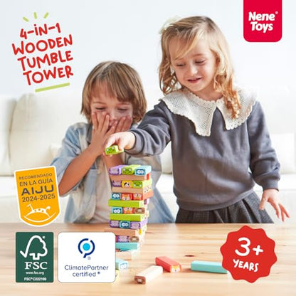 Nene Toys Wooden Tumble Tower Game with Animals & Colors, 4-in-1 Educational Family Board Game for Kids Ages 3-9, Creativity & Cognitive Skills Booster - Gift for Boys Girls 3+ Years - style: Animals