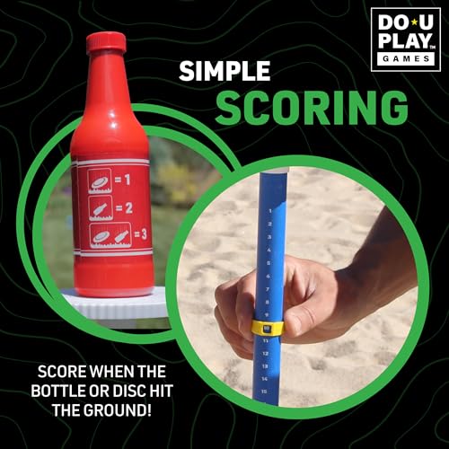 Disc Duel - Ultimate Flying Disc Game Bottle Challenge - Lawn Games Adults and Family - Perfect for Beach, Park, and Tailgating - Polish Horseshoes Set - Dual Use Adjustable Stands - Ages 3+