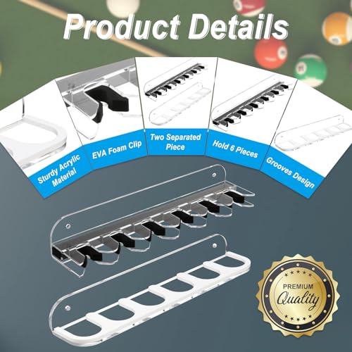 Cosmos Acrylic 2-Piece Billiard Cue Rack Wall Mount Billiard Stick Holder Wall Rack, Eva Foam Cue Clips Holds 6 Pool Cues, Billiard Pool Equipment Accessories (Transparent Clear) - color: Transparent Clear