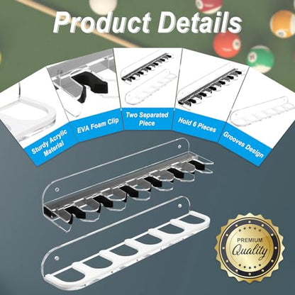 Cosmos Acrylic 2-Piece Billiard Cue Rack Wall Mount Billiard Stick Holder Wall Rack, Eva Foam Cue Clips Holds 6 Pool Cues, Billiard Pool Equipment Accessories (Transparent Clear) - color: Transparent Clear