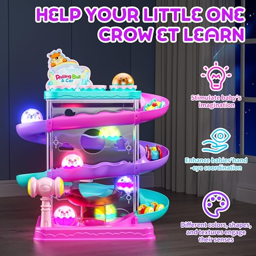 2-in-1 Light-Up Ball Drop & Car Ramp Track Toy with Hammer for Toddlers | Hammer, Launch, Roll and Race with a 2-in-1 Track Toy Made for Hands-On Fun - color: Pink + Purple + Cyan + Peach