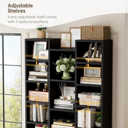 FOTOSOK 71'' Tall Bookshelf with 21 Cubes, 8 Tier Triple Wide Black Bookshelf with 8 Adjustable Shelves, 35" Large Bookcase DVD/CD Media Tower Storage, Freestanding Display Shelf Cabinet, Black - color: Black