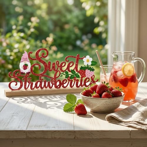Sweet Strawberries Summer Table Decorations Red Strawberries Metal Table Sign with Wooden Base Cute Summer Tiered Tray Decor Strawberry Tabletop Centerpiece for Kitchen Home Party Centerpieces - style: Sweet Strawberries