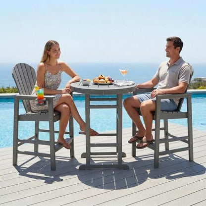 Patio Bar Tables Set of 3, HDPE Outdoor High Top Table and Chairs Set Height Table Chairs Adirondack Bar Set for Garden, Backyard, Yard, Pool, Balcony, Grey - color: Ø31.1" Bar Set of 3, Grey