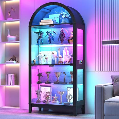 Gurexl 5-Tier Arched Glass Display Cabinet, Motion Sensor RGB LED Showcase with Music Sync Light & Adjustable Shelves, Tempered Glass Curio Cabinet for Action Figures Trophies Collectibles, Black - color: Black-80008a
