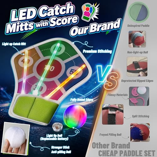 Light Up Toss Catch Mitt Paddle Ball Game Set Glow in Dark Led Flashlight Glove Fun Activities Target Dart Sports Toys Baseball Gifts Outdoor Indoor Boy Girl Kids Family Age 3-12 Years Old - color: Blue 2 Mitts 2 Balls