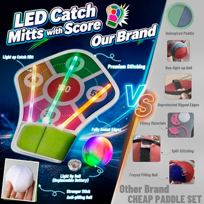 Light Up Toss Catch Mitt Paddle Ball Game Set Glow in Dark Led Flashlight Glove Fun Activities Target Dart Sports Toys Baseball Gifts Outdoor Indoor Boy Girl Kids Family Age 3-12 Years Old - color: Blue 2 Mitts 2 Balls