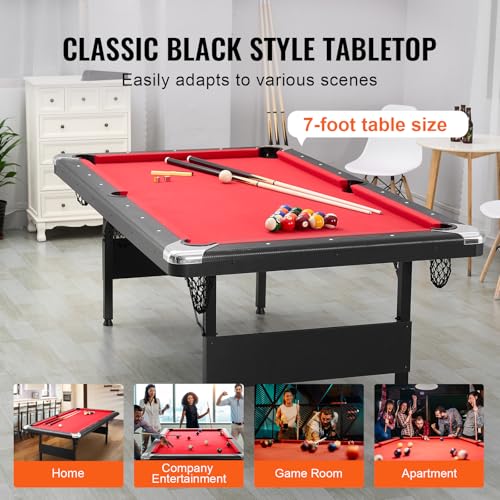 Happybuy 7ft Billiards Table, Portable Foldable Pool Table, Complete Set with Balls, Cues, Chalks & Brush, Black with Red Cloth, Ideal for Family Game Room, Kids, Adults