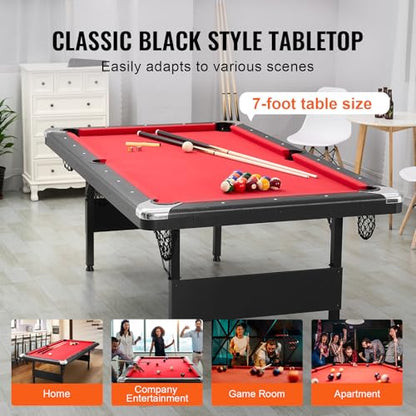 Happybuy 7ft Billiards Table, Portable Foldable Pool Table, Complete Set with Balls, Cues, Chalks & Brush, Black with Red Cloth, Ideal for Family Game Room, Kids, Adults