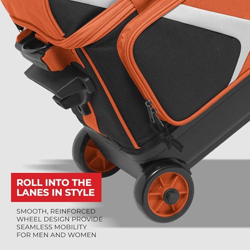 BSI Dash Roller Bowling Bag with Smooth Rolling Wheels, Padded Ball Compartment, Retractable Locking Handle, & Shoe Pocket - color: Black/Orange/White, style: Double
