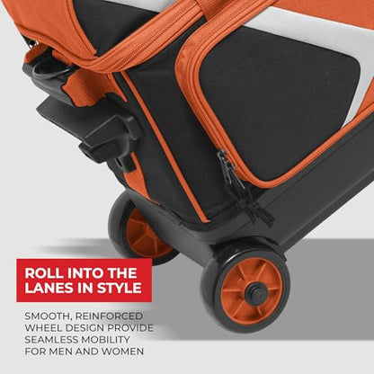 BSI Dash Roller Bowling Bag with Smooth Rolling Wheels, Padded Ball Compartment, Retractable Locking Handle, & Shoe Pocket - color: Black/Orange/White, style: Double