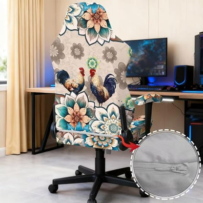 Rooster Print Gaming Chair Slip Cover Set Boho Mandala Flower Print Gaming Chair Covers Slipcovers 4Pcs with Armrest Cover Universal Fit for Desk/Swivel/Rotating Chairs Protector - color: Brown - Rooster Boho Mandala Flower