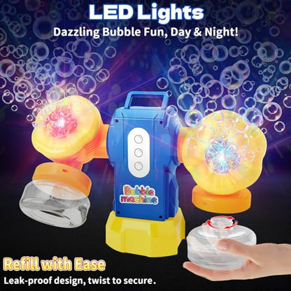 Dual-Engine Bubble Machine with LED Lights & Automatic 360° Rotation & 90° Adjustable, Type-C Rechargeable Bubble Blower Maker for Kids Birthday Parties Weddings Outdoor Activities
