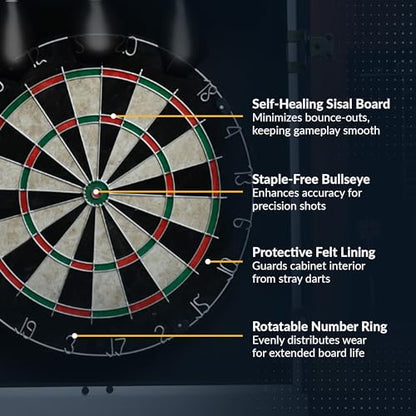Hathaway Geneva Dartboard and Cabinet Set - Includes 18-in Dartboard, Steel-Tip Darts, Chalk Scoreboards - Perfect for Family Game Rooms, Basements, Home Bars, Wood Grain/Black/Gray
