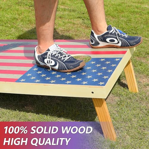 Regulation Cornhole Board Set with Storage Capability, 4 x 2 ft Solid Wood Cornhole Game Set with 8 Bean Bags and 2 Cornhole Board, Premium Corn Hole Game for Adults and Family (American Flag)
