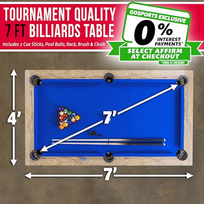GoSports 7 ft Pool Tables with Wood Finish - Choose Your Style - Modern Billiards Table with 2 Cue Sticks, Balls, Rack, Felt Brush and Chalk - style: Blue, Brown Wood Finish