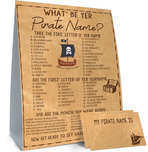 Pirate Birthday Decorations - 30 PCS What's Your Pirate Name Sign and Stickers Set, Treasure Hunt Birthday Party Supplies, Nautical Theme Pirate Party Favor - style: Pirate