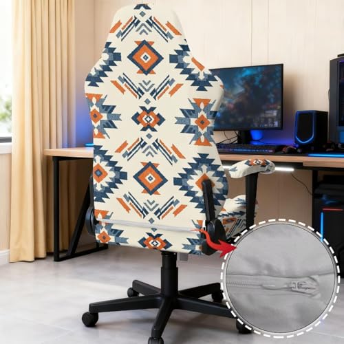 Suobstales Geometric Navajo Ethnic Tribe Pattern Gaming Chair Cover with Armrest Covers Waterproof Stretch Gaming Chair Seat Covers, Anti-Scratch Protection for Ergonomic Game Rotating Office Chair - color: Geometric Navajo Ethnic Tribe