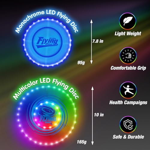 HYES 2 Pack Light up Flying Discs for Kids, Rechargeable Disc with 45 LEDs, 14 Lighting Modes(10")&Built-in Battery Disc(7.8"), Glow in The Dark Ring for Beach/Camping/Outdoor Sport - size: 2PCS: 10in + 7.8in