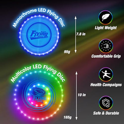 HYES 2 Pack Light up Flying Discs for Kids, Rechargeable Disc with 45 LEDs, 14 Lighting Modes(10")&Built-in Battery Disc(7.8"), Glow in The Dark Ring for Beach/Camping/Outdoor Sport - size: 2PCS: 10in + 7.8in