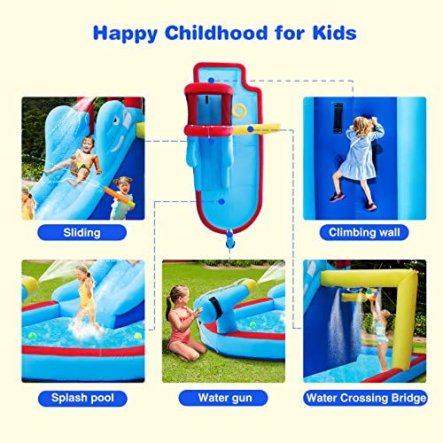 JOYLDIAS Inflatable Bounce House, Water Slide Bouncer Playhouse Castle w/Splash Pool, Climbing Wall, Basketball Hoop & Carry Bag, 480W Air Blower for Kids Backyard Indoor Outdoor Use, Free Water Gun - color: 3 in 1