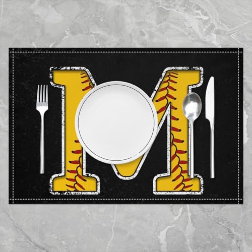 Erosebridal Initial Letter M Placemats 12x18 inch Set of 4 Baseball Monogrammed Place Mats for Dining Table | Red Lace Seam Table Place Mats Softball Sports Yellow Black Scratch Proof Placemats - color: Yellow M