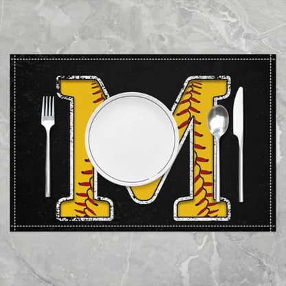 Erosebridal Initial Letter M Placemats 12x18 inch Set of 4 Baseball Monogrammed Place Mats for Dining Table | Red Lace Seam Table Place Mats Softball Sports Yellow Black Scratch Proof Placemats - color: Yellow M