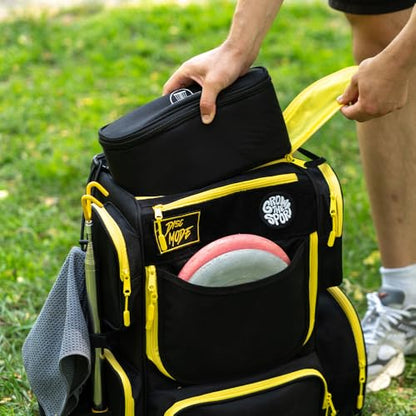 STAR FRAME Bandido Disc Golf Bag With Cooler | 30+ Disc Frisbee Golf Backpack | 4-Can Insulated Cooler | Light Durable Black & Yellow Men Women Disc Golf Bag | Huge Storage & Retriever Holder