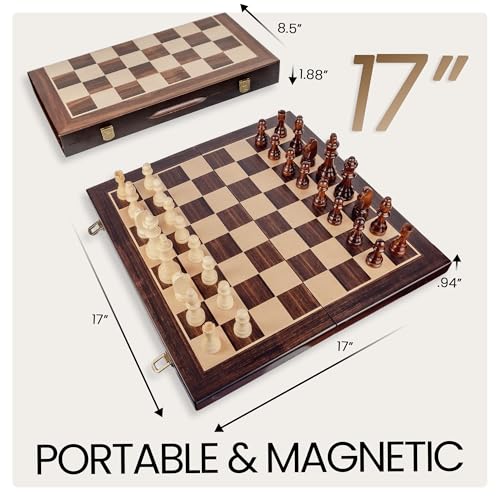 17" Magnetic Wooden Chess Set - Large Folding Portable Travel Chess Board - Hand Carved Pieces - Foam Storage Slots - 2 Extra Queens - Tournament and Beginner Play - Adults and Kids - size: 17"