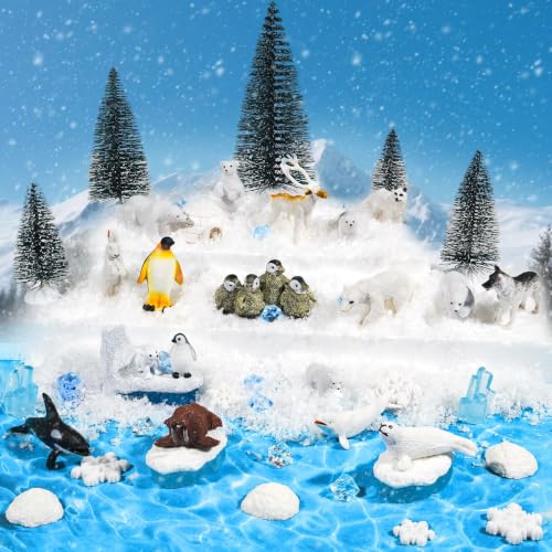 Warmtree 46-Piece Arctic Animals Figurine Set Includes 22 Polar Bear and Penguin Figurines, 6 Mini Pine Trees, 18 Icebergs Snow, Ripple Water Stickers, and Ocean Habitat Diorama Supplies