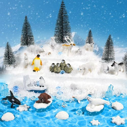 Warmtree 46-Piece Arctic Animals Figurine Set Includes 22 Polar Bear and Penguin Figurines, 6 Mini Pine Trees, 18 Icebergs Snow, Ripple Water Stickers, and Ocean Habitat Diorama Supplies
