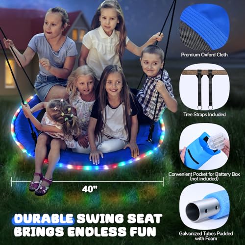 Trekassy 700lbs 40” Saucer Tree Swing with LED Lights for Kids Adults Outdoor 2 Tree Hanging Straps-Blue - color: Blue