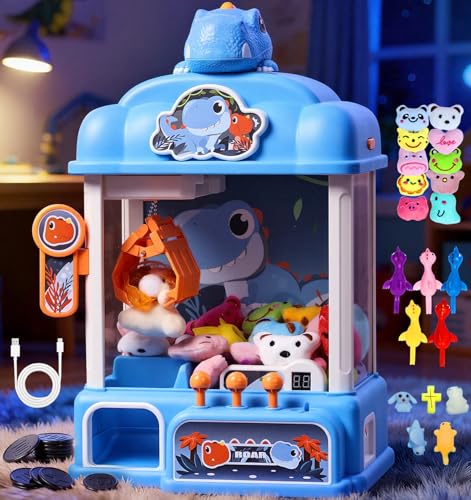 CWLAKON Claw Machine for Kids Boys Dinosaur Toys, Mini Vending Machine with Sound & 20 Mini Toys, Large Candy Grabber Prize Dispenser Electronic Arcade Games, Christmas Birthday Gifts for Boys, Blue - color: Blue