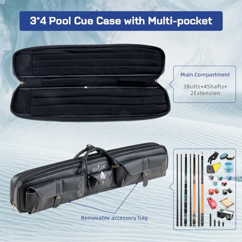 KONLLEN 2x4 Hard Pool Cue Case – Professional Billiards Cue Case for 2 Butts & 4 Shafts, Durable Hard Shell Cue Bag with Adjustable Shoulder Strap, Large Storage Pockets - color: 3x4-PU