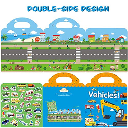Reusable Sticker Book for Kids, Vehicles Truck Stickers Educational Learning Toys Travel Stickers Activity Books for Toddler Girls Boys Age 3+ Birthday Gifts - style: Vehicle