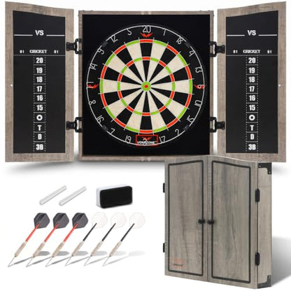 Dartboard Cabinet Set with 18" Bristle Dartboard - Self-Healing Sisal, 6 Steel Tip Darts, Scoreboard & Chalk - All-in-One Game Room Set for Home, Bar, Garage (Gray)