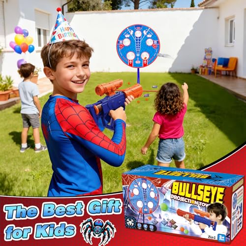 Spider Shooting Games Toys for Kids, Outdoor Indoor Yard Party Game with Rotating Target, 2 Air Blasters & 24 Foam Balls, 2-in-1 Bean Bag Toss Game for Boys Girls Ages 4 5 6 7 8 9 10+ Birthday Gift