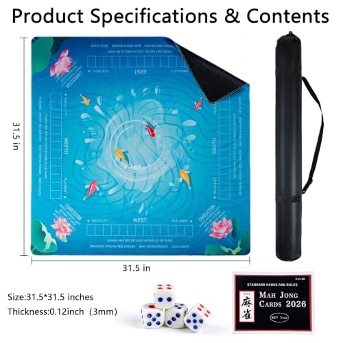 Mahjong Mat for Table,CUFURNIX 31.5''x31.5'' Non-Slip & Noise Reduction Mahjong Mat with Rules,Mah Jongg Gift with Carrying Bag for Poker,Board Games,Dominoes,Cards & Tile Games (Blue-Green) - color: Blue-green