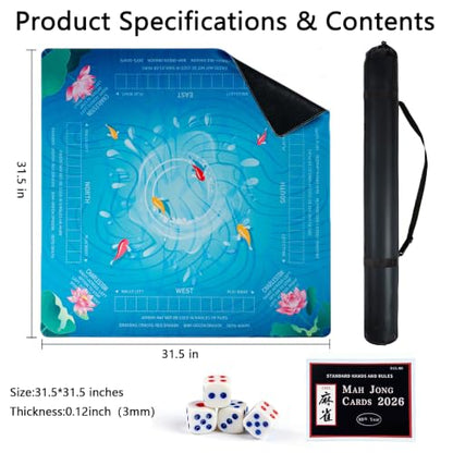 Mahjong Mat for Table,CUFURNIX 31.5''x31.5'' Non-Slip & Noise Reduction Mahjong Mat with Rules,Mah Jongg Gift with Carrying Bag for Poker,Board Games,Dominoes,Cards & Tile Games (Blue-Green) - color: Blue-green