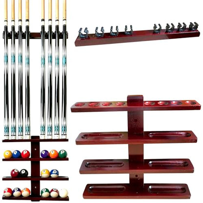 Wall-Mounted Pool Stick Holder, All Handicraft Hardwood Rack for 8-Cue Storage, Billiard Accesories Organizer (MAHOGANY)