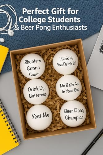 Funny Beer Pong Balls - 6-Pack of Humorous Phrases for Epic Party Games, Hilarious Drinking Fun | College Gifts Supplies Dorm Room Accessories Gag Gift Idea Parties Frat Houses Tailgates Game Night