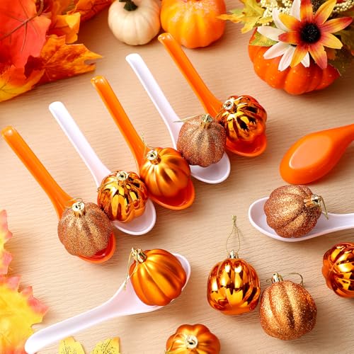Wettarn 48 Pcs Fall Thanksgiving Spoon Race Game Set 24 Fall Themed Pumpkin Ornaments and 24 Orange White Spoons Fun Relay Race Games for Thanksgiving Autumn Outdoor Party Favors Supplies - style: Thanksgiving