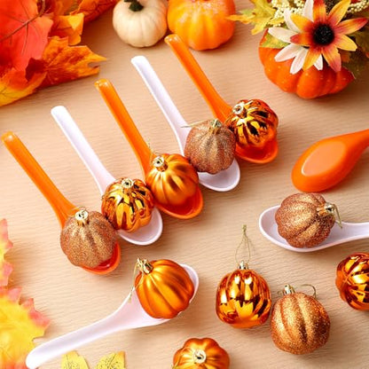 Wettarn 48 Pcs Fall Thanksgiving Spoon Race Game Set 24 Fall Themed Pumpkin Ornaments and 24 Orange White Spoons Fun Relay Race Games for Thanksgiving Autumn Outdoor Party Favors Supplies - style: Thanksgiving