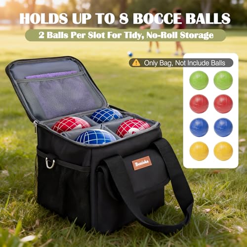 Bocce Ball Bag for 8 Balls, Bocce Ball Set Carrying Case with Removable Dividers, Padded Bocce Storage Bag with Shoulder Strap & Mesh Pockets for Lawn Games, Black (Bag Only)