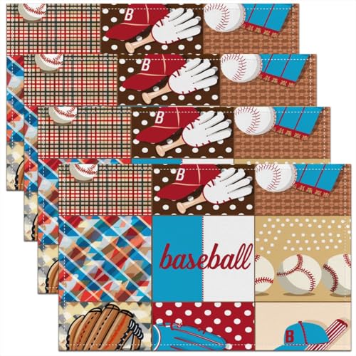 Feelyou Baseball Table Place Mats Boys Girls Sports Game Washable Fabric Decoration Table Mats Placemat Baseball Gaming Placemat Kitchen Dining Table 18"x12" Bedroom Decor Plaid Blue Brown Table Mats