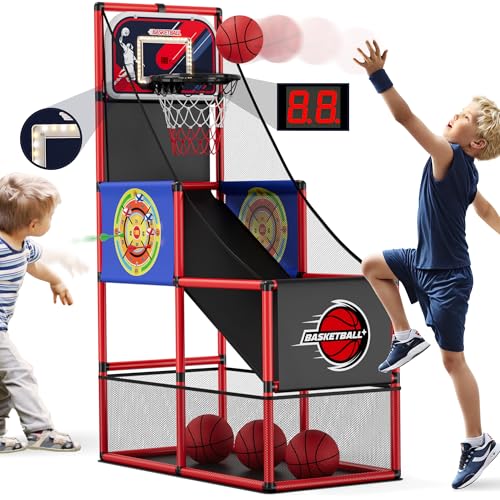HYES Basketball Arcade Game Indoor Outdoor, Kids Basketball Hoop with 4 Balls & Pump, Single Shot Basketball Game at Home, Carnival Games Sport Toys for Boys Girls Teens - size: with Scoring- Single Shot