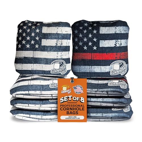 Cornhole365 - Stick & Slide - Professional Corn Hole Bag - Heavy-Duty Double-Stitched Polyester Fabric & Resin Filling for All-Weather - Versatile Regulation Size Cornhole Bean Bags - Set of 8 - color: Red Line American Flag