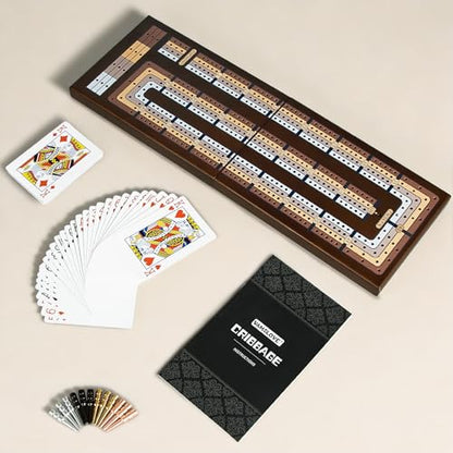 VAMSLOVE Upgraded Wooden 4-Track Cribbage Board Game 16 inches Foldable Magnetic Scoreboard with Large Slot for Storing 1 Playing Card and 12 Metal Pegs, Travel Family Game Night Instruction Included